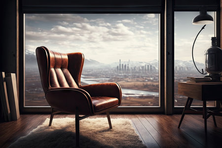 a brown leather chair next to a window, with a view of the outside, created with generative aiの素材