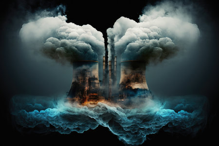 energy industry double exposure of power plant with billowing smoke and steam, created with generative aiの素材