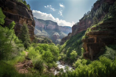 majestic canyon with towering cliffs and waterfalls, surrounded by lush greenery, created with generative aiの素材