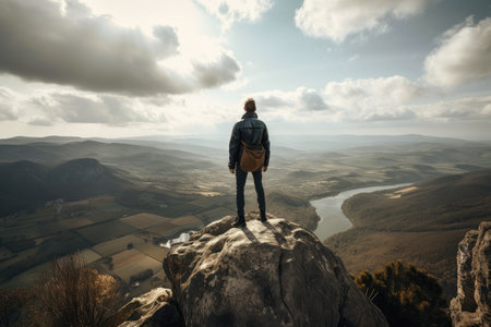 outdoors adventurer standing on cliff with view of stunning landscape, created with generative aiの素材