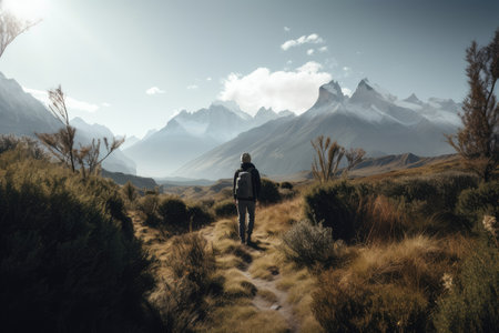 person, exploring the beauty of nature, with mountain range in the background, created with generative aiの素材