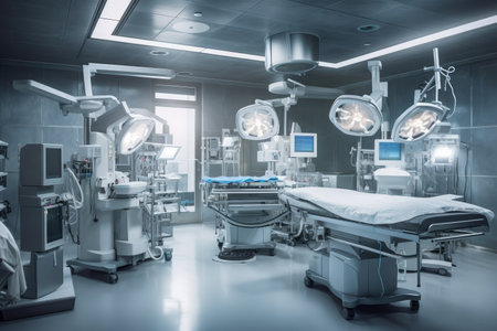 hospital operating room, with robotic surgeon performing delicate operation, created with generative aiの素材
