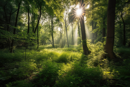 a summer forest, filled with foliage and sunlight streaming through the trees, created with generative aiの素材