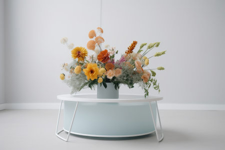 a minimalist round podium with a single vase of colorful flowers on the springtime, created with generative aiの素材