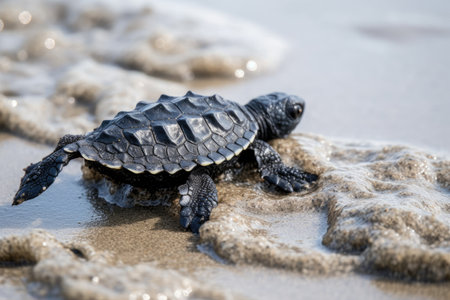 close-up of baby turtles scaly feet, making their way to the ocean, created with generative aiの素材