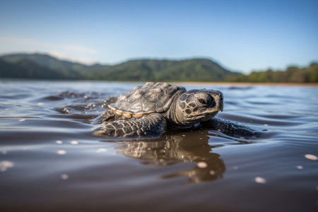 baby turtle riding the waves to the ocean, with its shell glistening in the sun, created with generative aiの素材