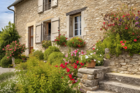 french country house exterior with stone garden wall and blooming flowers, created with generative aiの素材