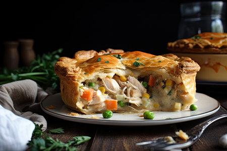 cottage cheese and fried chicken pot pie, with flaky crust and creamy interior, created with generative aiの素材