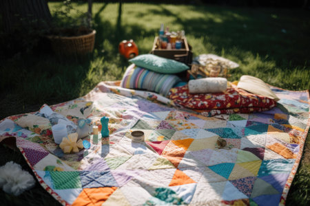 crafts and projects on a picnic blanket in the backyard, created with generative aiの素材