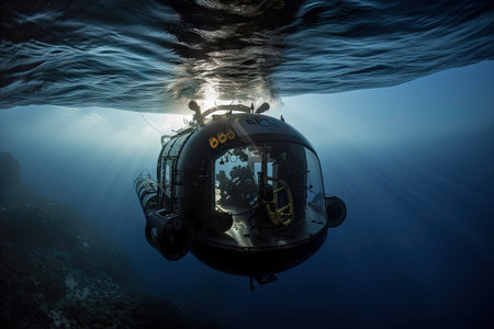 submersible, with view of shipwreck in the deep, on its final mission, created with generative aiの素材