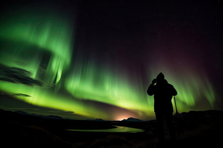 person, capturing the incredible aurora borealis and australis, with silhouette of person visible, created with generative aiの素材