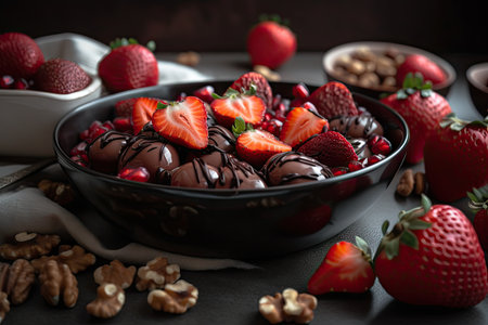 chcolate-covered strawberries, walnuts, and pomegranates mix, created with generative aiの素材