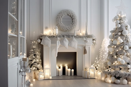 a winter wonderland fireplace with twinkling lights, ornaments, and a sleek and simple design, created with generative aiの素材