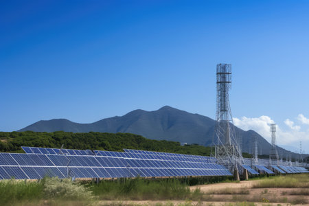 solar power plant, with rows of solar panels and solar tower in the background, created with generative aiの素材
