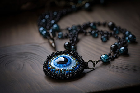 evil eye necklace, with blue and black beadwork, worn against skin, created with generative aiの素材