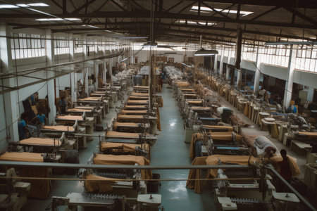 garment factory, with rows of garment racks and sewing machines visible, created with generative aiの素材