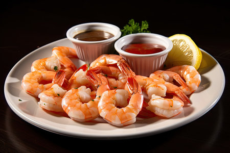 plate of tiger shrimp prawns, served with lemon wedges and cocktail sauce, created with generative aiの素材