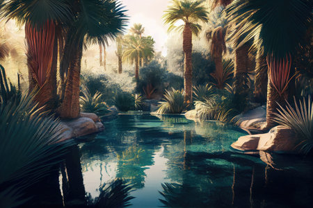oasis with clear and refreshing pool of water surrounded by palm trees, created with generative aiの素材