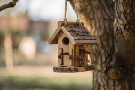 birdhouse and feeder hanging from tree branch, created with generative aiの素材