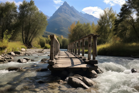 footbridge over rushing stream, with view of towering mountain range in the background, created with generative aiの素材
