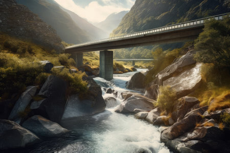 highway bridge over clear, winding river with waterfalls, created with generative aiの素材
