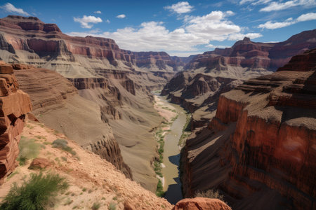 grand canyon with towering cliffs and flowing river in the distance, created with generative aiの素材