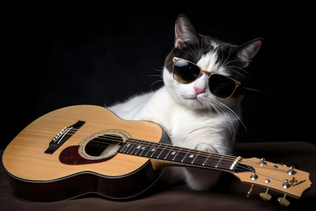 rock star cat lounges on guitar, ready to rock the stage, created with generative aiの素材