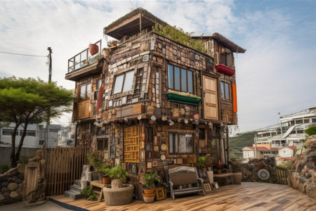 a house made from recycled and repurposed materials, with a unique exterior design, created with generative aiの素材