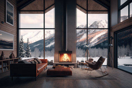 warm fireplace, cozy seating arrangement and view of the snowy mountain range in chalet interior, created with generative aiの素材