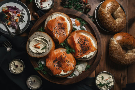 plates of freshly baked bagels, with cream cheese and smoked salmon, created with generative aiの素材