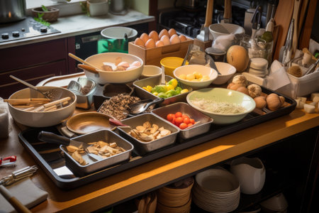 food preparation station, with every tool and ingredient in its place, ready to cook a delicious meal, created with generative aiの素材