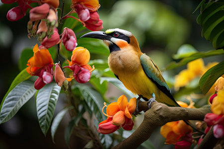 exotic bird, perched on flowering tree branch, in tropical garden, created with generative aiの素材