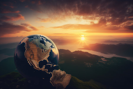 a sunrise, with the sun rising over a globe and spreading its light across the world, created with generative aiの素材