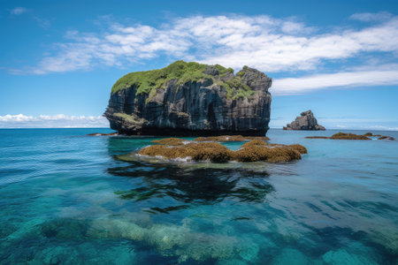 float island with towering rock structure in the background, surrounded by blue water, created with generative aiの素材