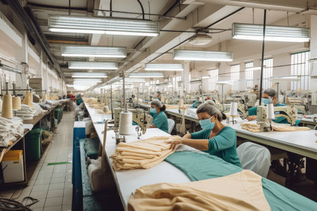 textile factory, with workers and sewing fabrics to create new products, created with generative aiの素材