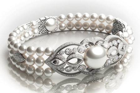 bracelet of pearls with diamonds on white background, created with generative aiの素材