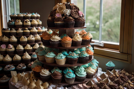 cupcake tower, with different flavors and frostings on each layer, created with generative aiの素材