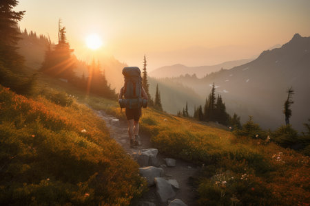 backpacker takes off on a trail, with sunrise in the background, created with generative aiの素材