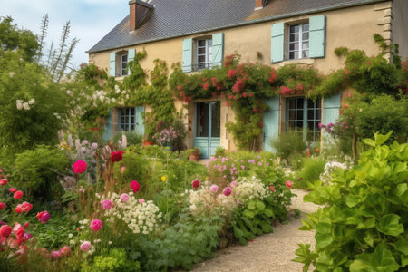 french country house with lush garden and blooming flowers, created with generative aiの素材