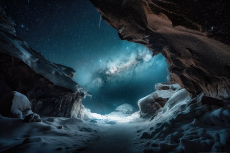 frozen cavern, with view of the night sky and stars visible through its roof, created with generative aiの素材