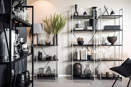 array of steel shelves, with black and white accessories for clean, modern look, created with generative aiの素材