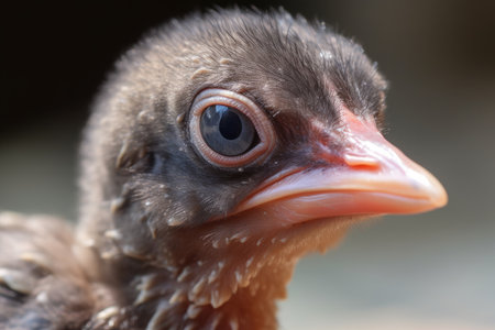 close-up of baby birds face, with its small beak and eyes peeking out, created with generative aiの素材