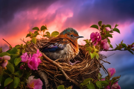 spatially arresting image of newborn bird in its nest, with blooming flowers and vibrant sky, created with generative aiの素材