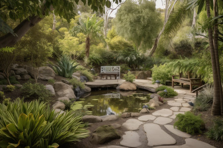 relaxing backyard escape, surrounded by lush greenery and water features, created with generative aiの素材