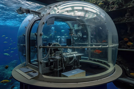 submersible, docked behind glass viewing panel in underwater research facility, created with generative aiの素材