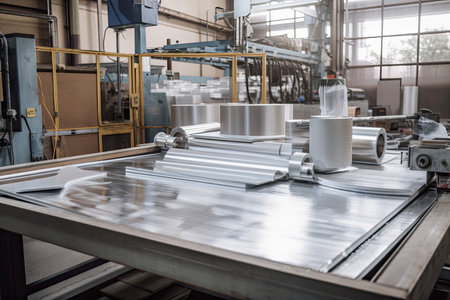 process of making aluminum products and packaging, with machines and tools in the background, created with generative aiの素材
