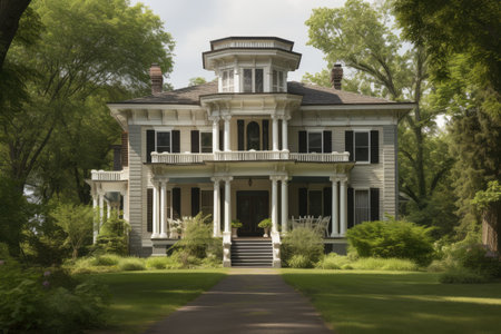 classic revival-style house, with detailed columns and ornate entryway, created with generative aiの素材