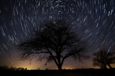 night sky, with star trails and shooting stars above mountain range, created with generative aiの素材
