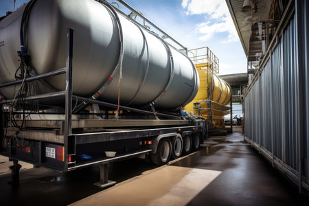 chemicals being transported in pipes and tanks, surrounded by machinery, created with generative aiの素材