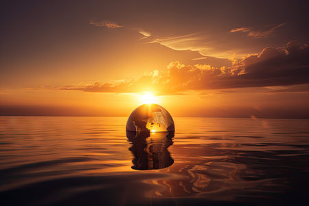 sunrise, with the sun rising over a globe of the world, casting a warm and golden light, created with generative aiの素材